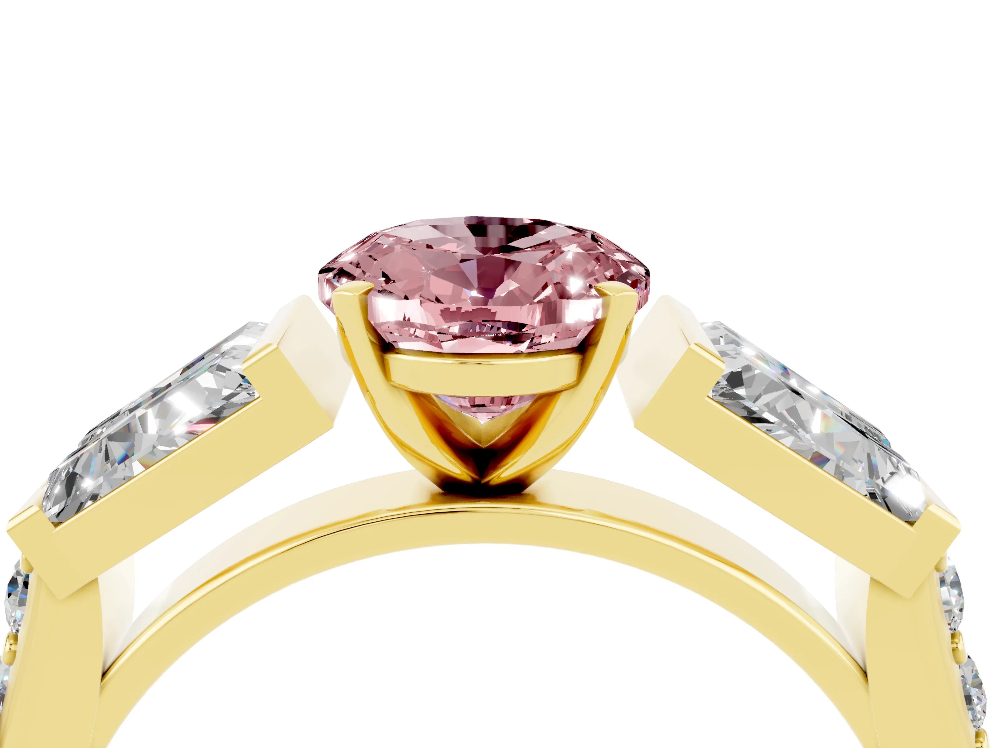 Yellow gold Oval Cut Morganite Engagement Ring with Baguette Side Stones and Channel Set Band_4