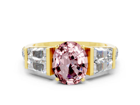 Yellow gold Oval Cut Morganite Engagement Ring with Baguette Side Stones and Channel Set Band