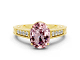 Yellow gold Oval Cut Morganite Engagement Ring with Milgrain Channel Set Band and Prong Setting