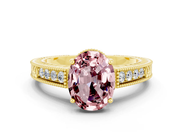 Yellow gold Oval Cut Morganite Engagement Ring with Milgrain Channel Set Band and Prong Setting