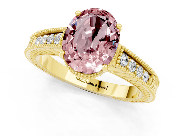 Yellow gold Oval Cut Morganite Engagement Ring with Milgrain Channel Set Band and Prong Setting