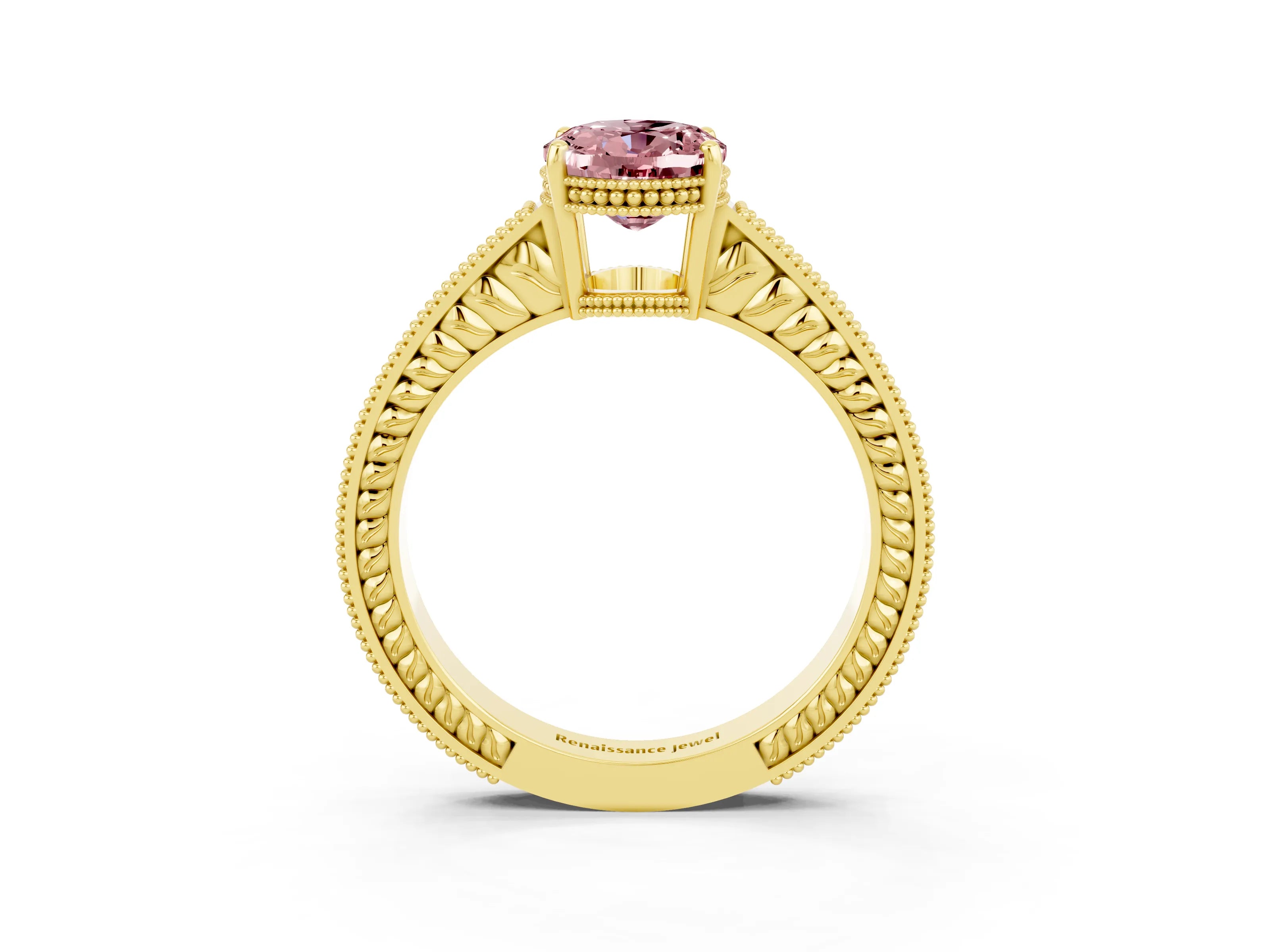 Yellow gold Oval Cut Morganite Engagement Ring with Milgrain Channel Set Band and Prong Setting_3