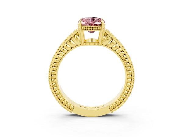 Yellow gold Oval Cut Morganite Engagement Ring with Milgrain Channel Set Band and Prong Setting