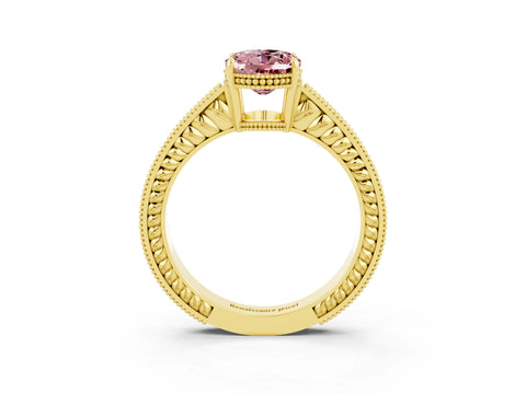 Yellow gold Oval Cut Morganite Engagement Ring with Milgrain Channel Set Band and Prong Setting_3
