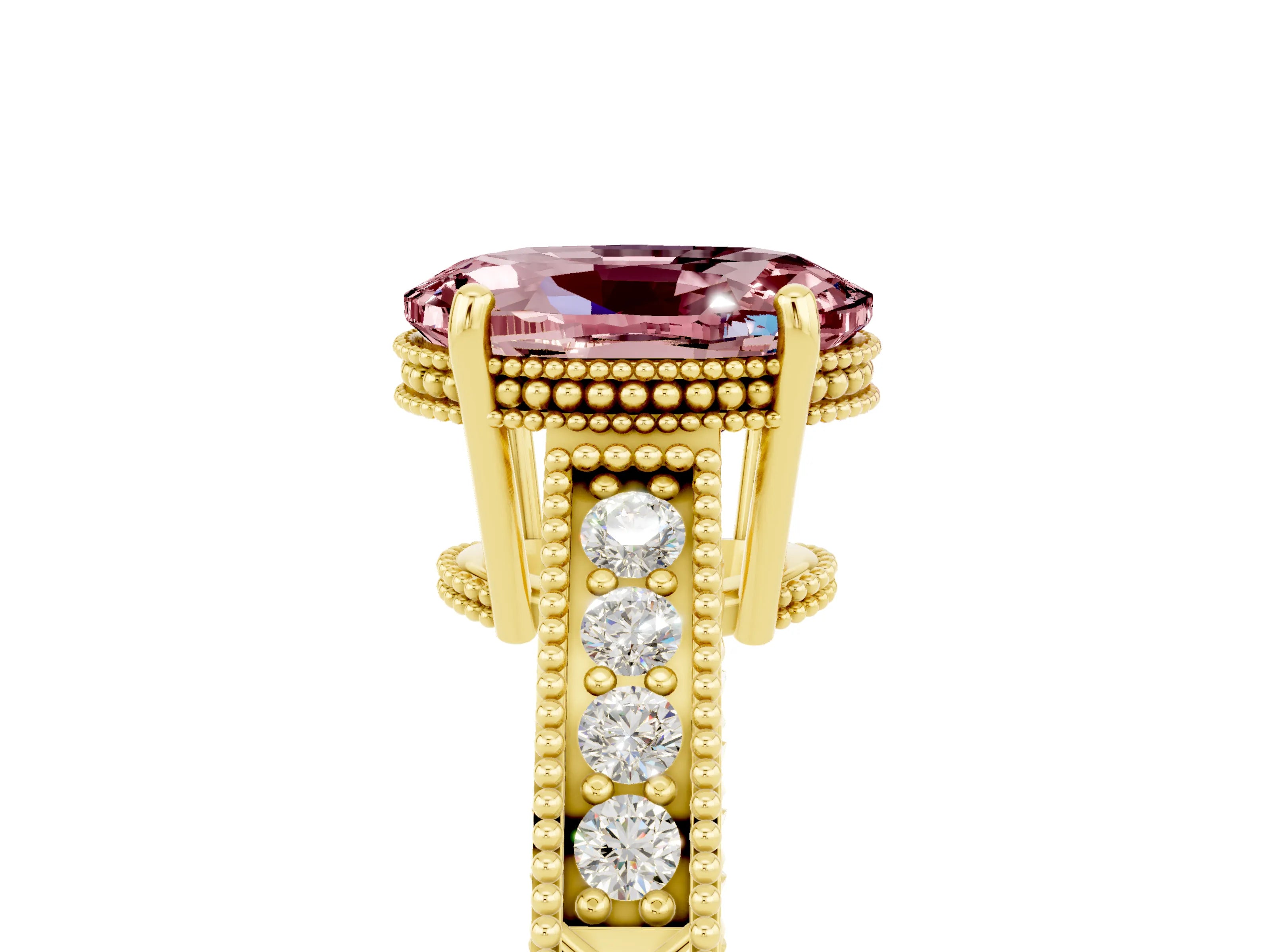 Yellow gold Oval Cut Morganite Engagement Ring with Milgrain Channel Set Band and Prong Setting_5
