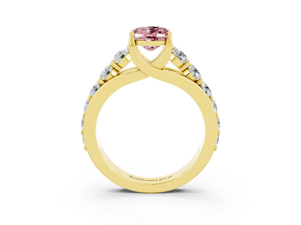 Yellow gold Oval Cut Morganite Engagement Ring with Pavé Band and Four-Prong Setting