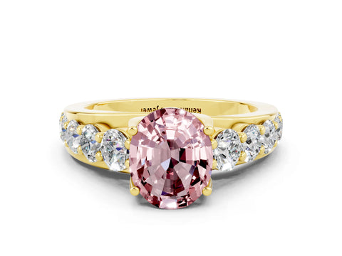 Yellow gold Oval Cut Morganite Engagement Ring with Pavé Band and Four-Prong Setting