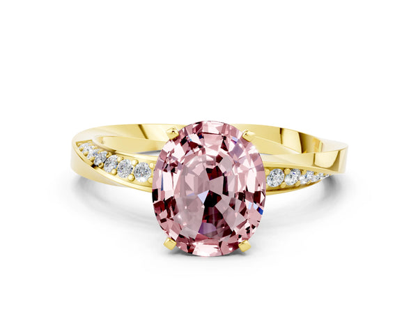 Yellow gold Oval Cut Morganite Engagement Ring with Side Stone Accents and Four-Prong Setting