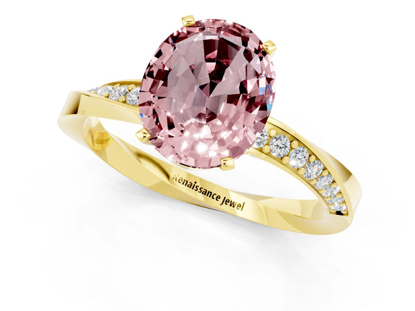 Yellow gold Oval Cut Morganite Engagement Ring with Side Stone Accents and Four-Prong Setting