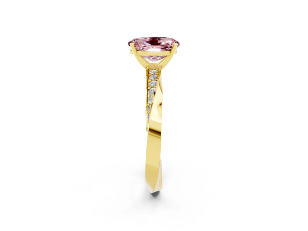 Yellow gold Oval Cut Morganite Engagement Ring with Side Stone Accents and Four-Prong Setting