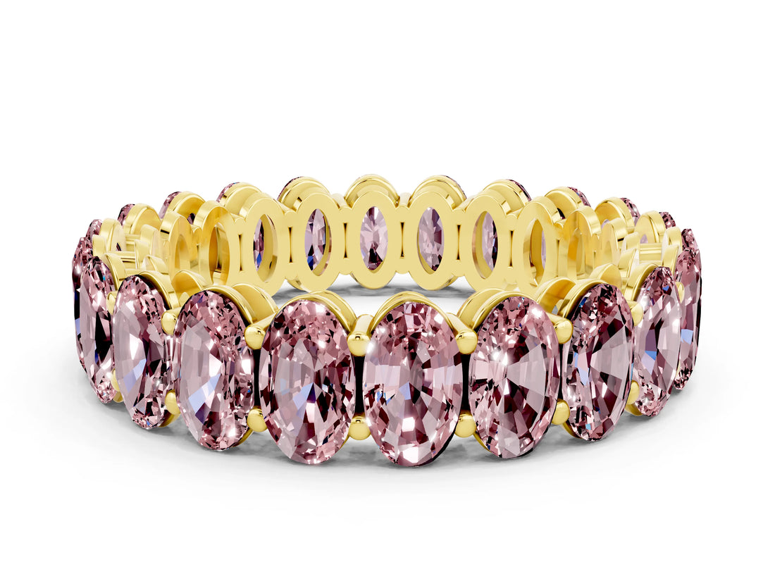 Yellow gold Oval Cut Morganite Eternity Band with Shared Prong Setting