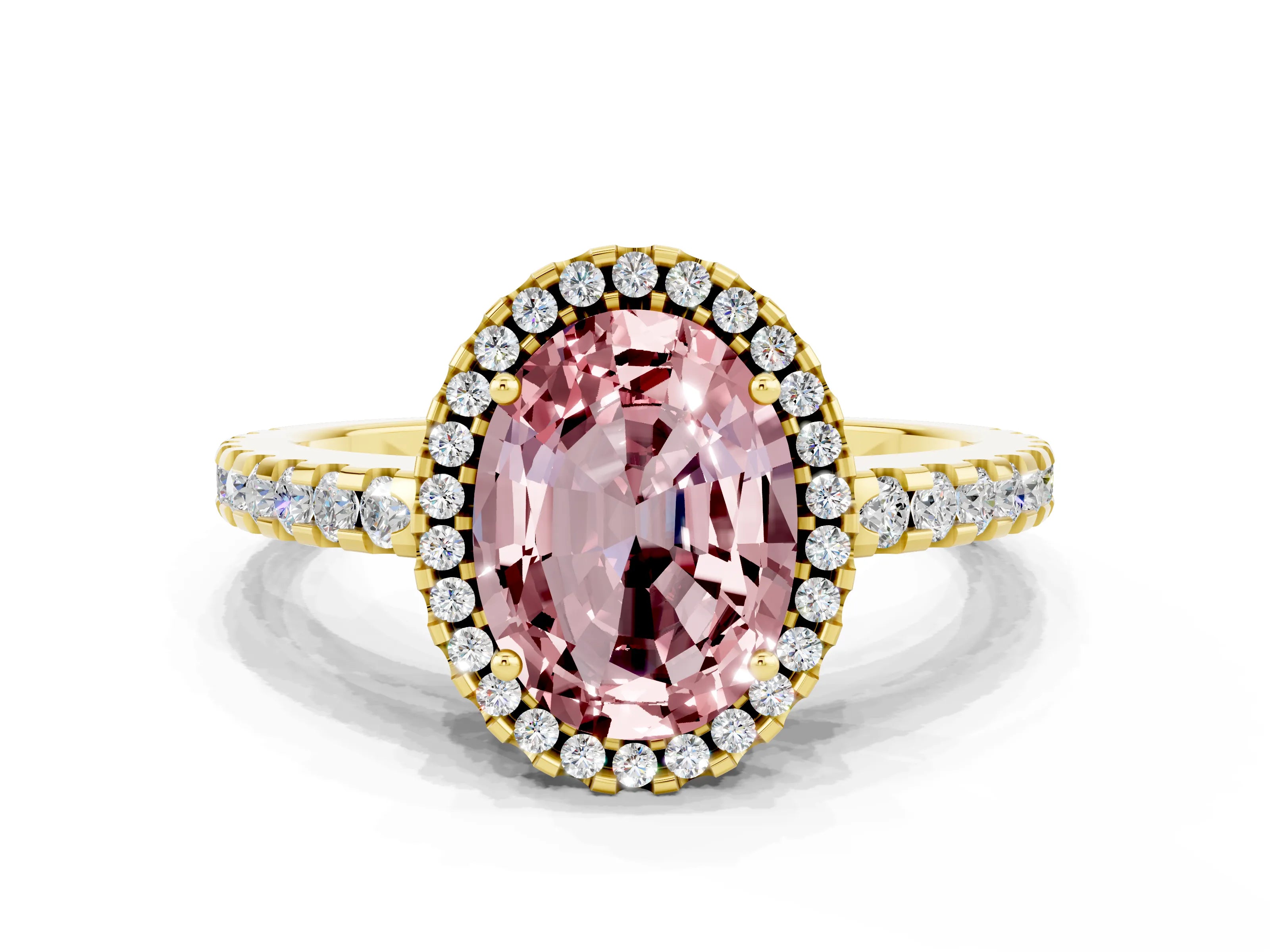 Yellow gold Oval Cut Morganite Halo Engagement Ring with Pavé Band and Prong Setting_12