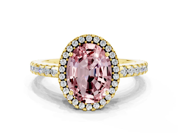 Yellow gold Oval Cut Morganite Halo Engagement Ring with Pavé Band and Prong Setting