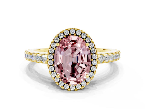 Yellow gold Oval Cut Morganite Halo Engagement Ring with Pavé Band and Prong Setting_12