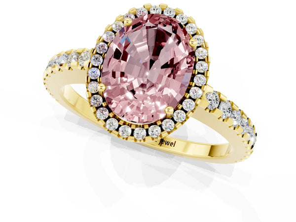 Yellow gold Oval Cut Morganite Halo Engagement Ring with Pavé Band and Prong Setting