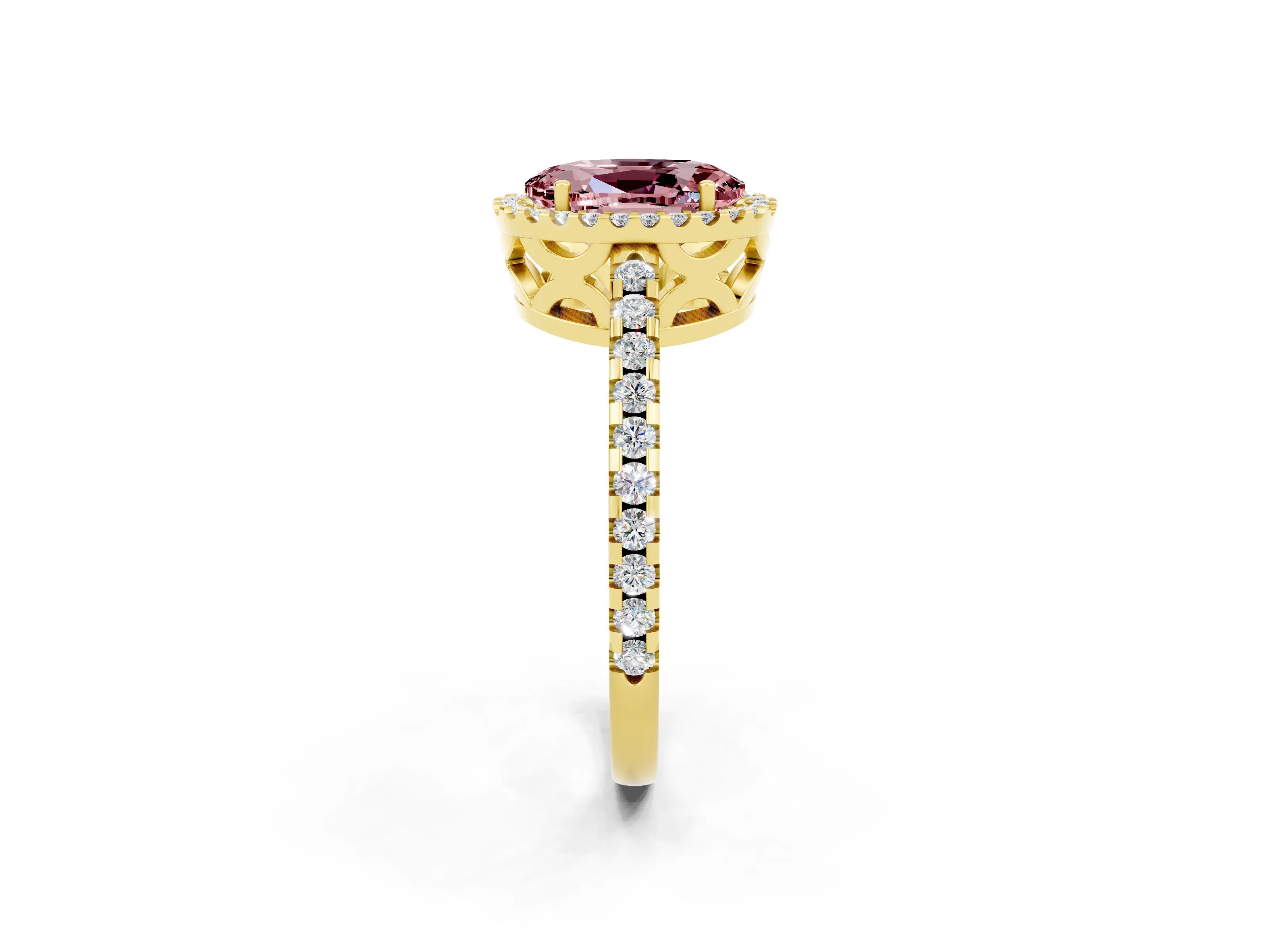 Yellow gold Oval Cut Morganite Halo Engagement Ring with Pavé Band and Prong Setting_14