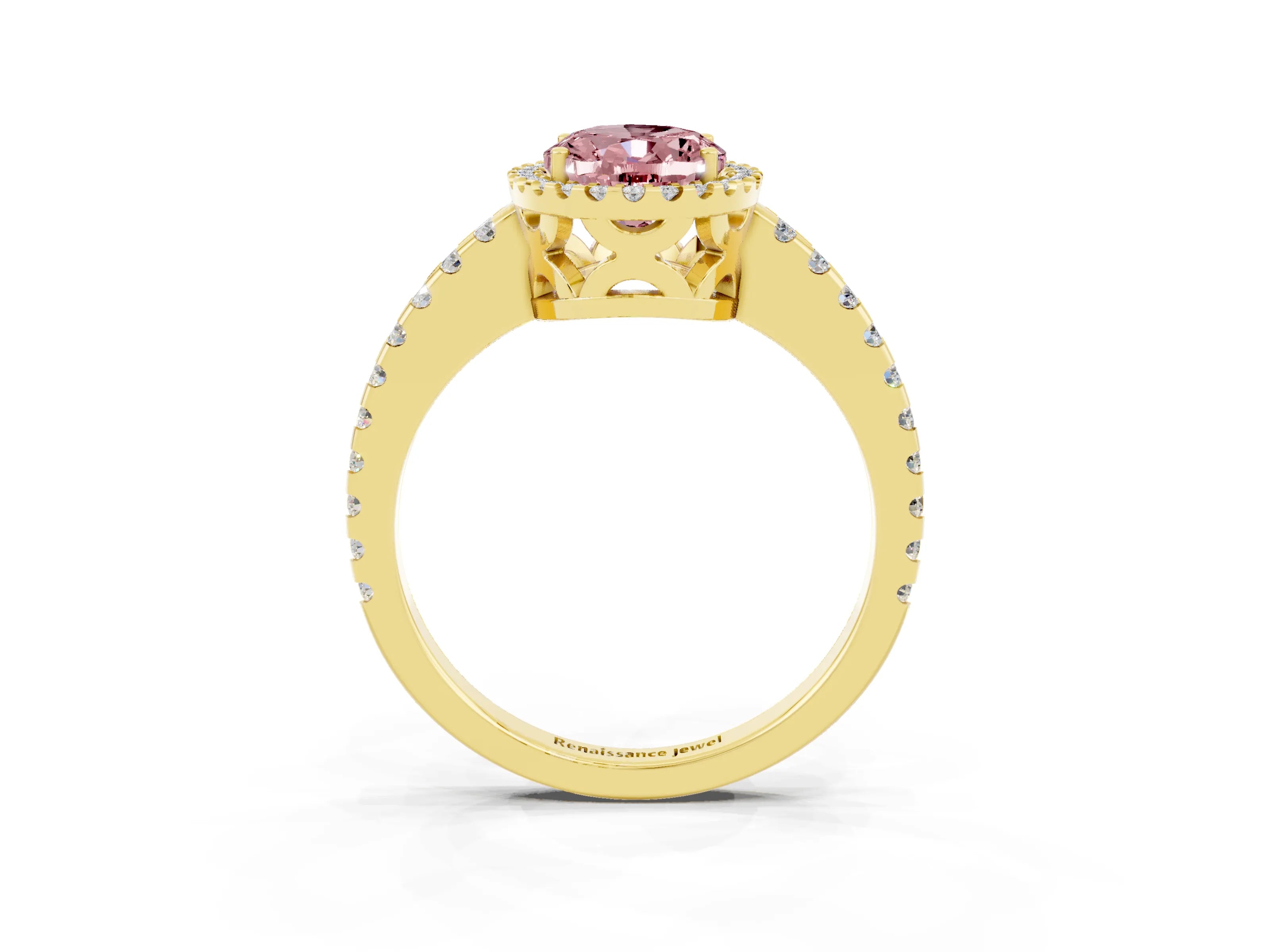 Yellow gold Oval Cut Morganite Halo Engagement Ring with Pavé Band and Prong Setting_15