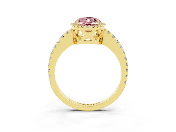 Yellow gold Oval Cut Morganite Halo Engagement Ring with Pavé Band and Prong Setting
