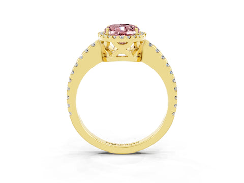 Yellow gold Oval Cut Morganite Halo Engagement Ring with Pavé Band and Prong Setting_15