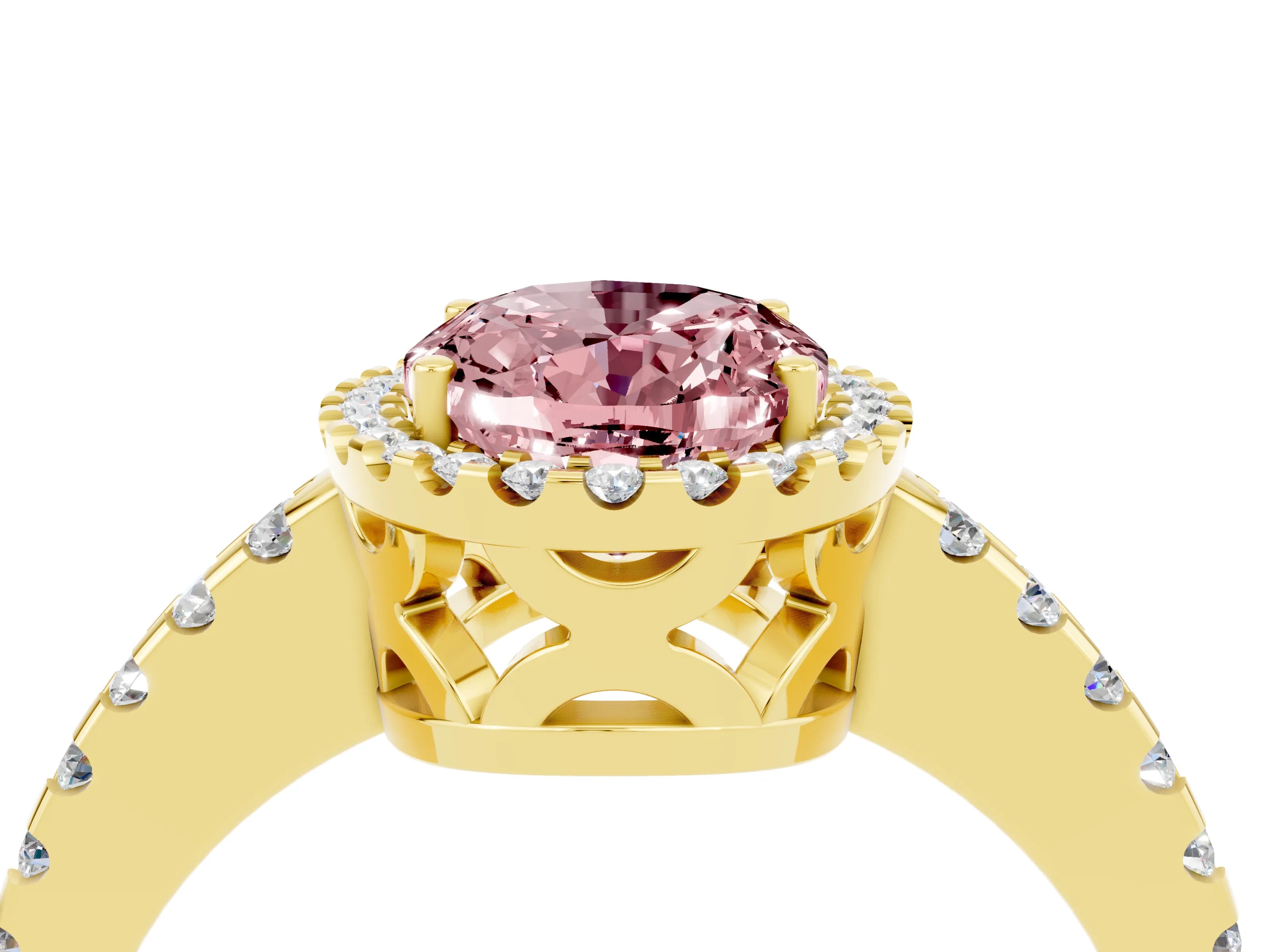 Yellow gold Oval Cut Morganite Halo Engagement Ring with Pavé Band and Prong Setting_16