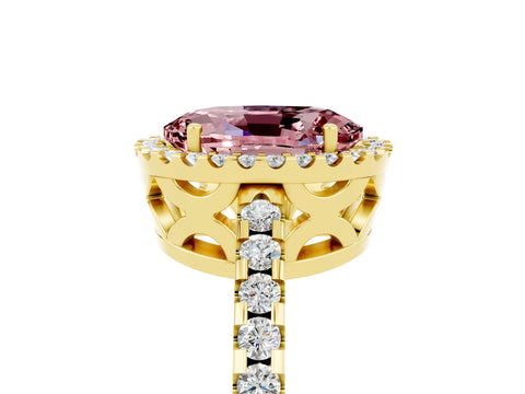 Yellow gold Oval Cut Morganite Halo Engagement Ring with Pavé Band and Prong Setting_17