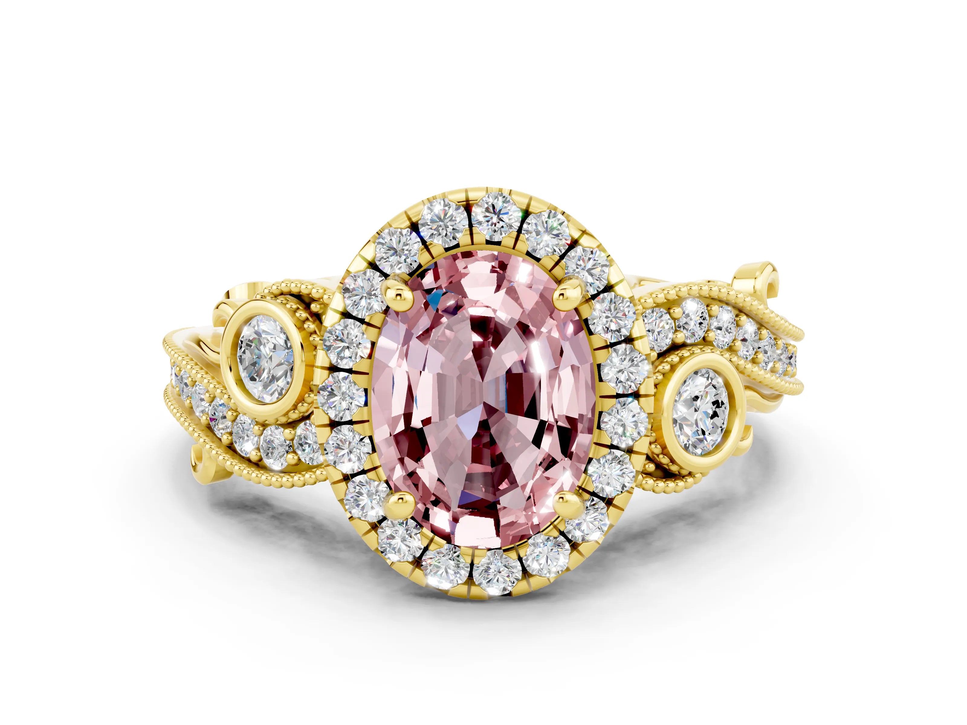 Yellow gold Oval Cut Morganite Halo Ring with Milgrain Pavé Band and Four-Prong Setting_12