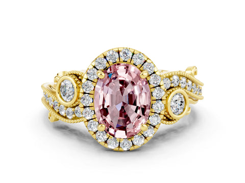 Yellow gold Oval Cut Morganite Halo Ring with Milgrain Pavé Band and Four-Prong Setting_12