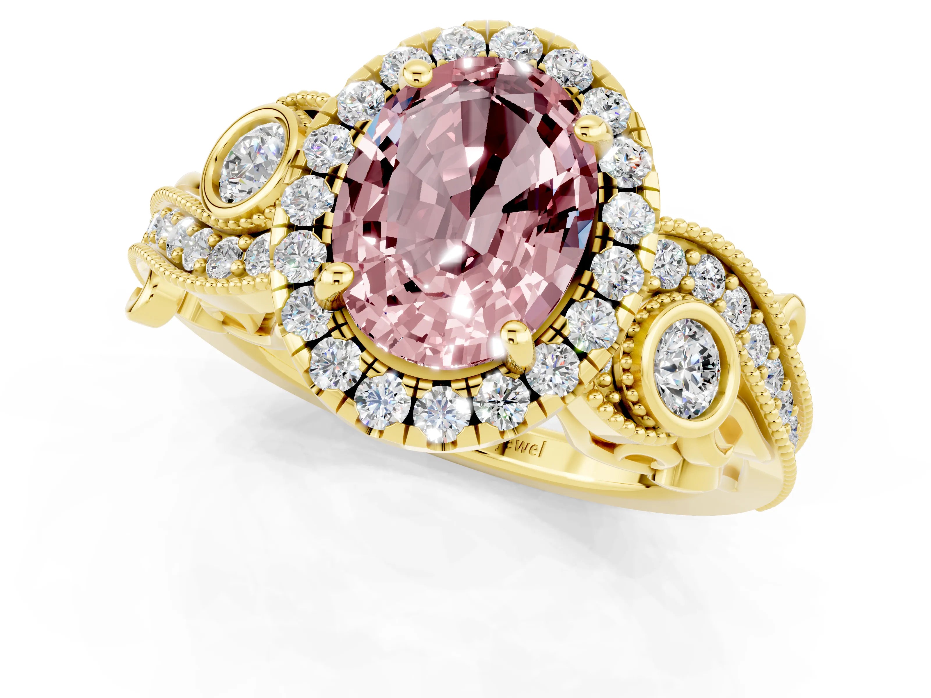 Yellow gold Oval Cut Morganite Halo Ring with Milgrain Pavé Band and Four-Prong Setting_13