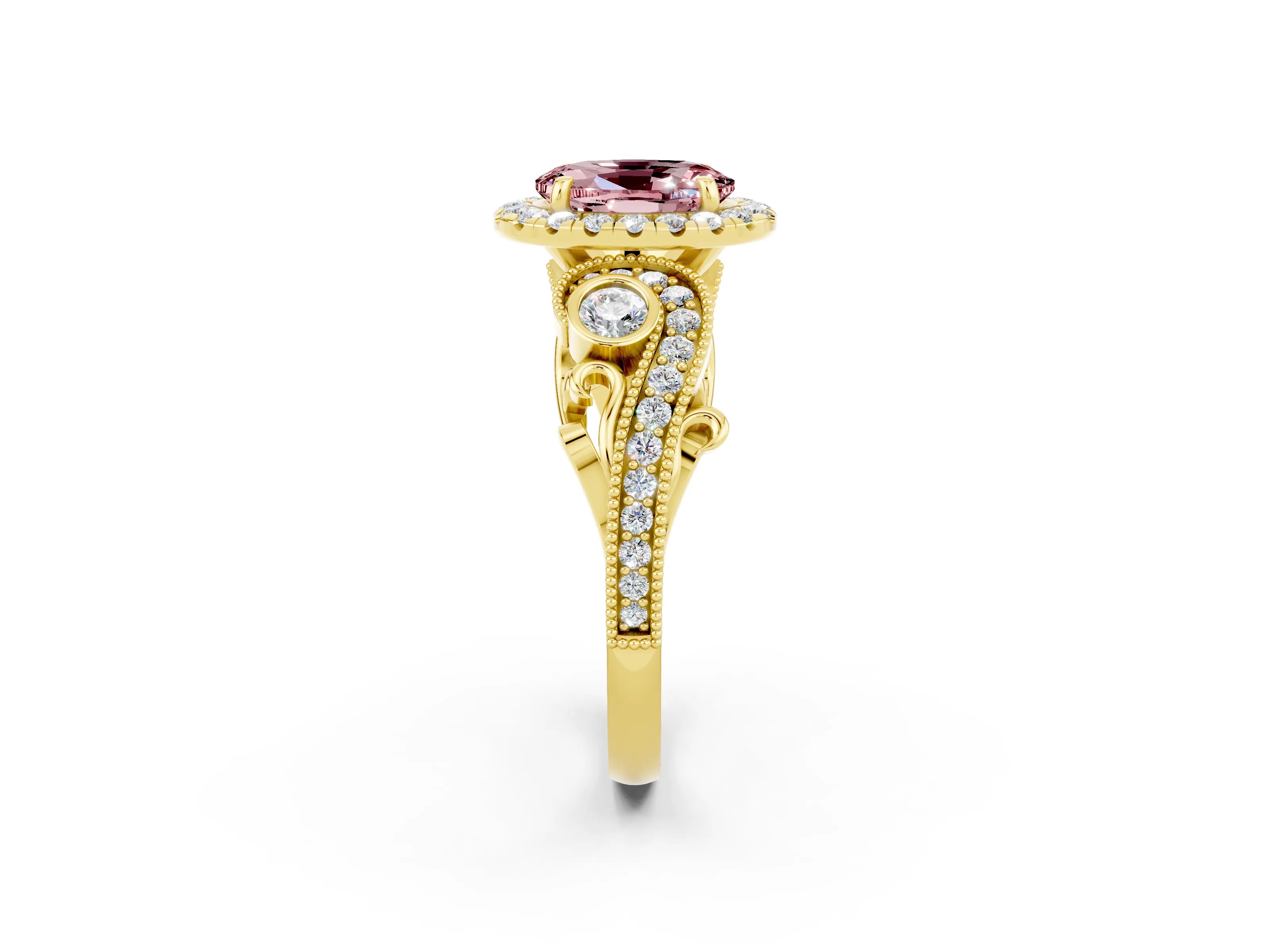 Yellow gold Oval Cut Morganite Halo Ring with Milgrain Pavé Band and Four-Prong Setting_14