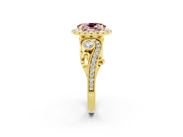 Yellow gold Oval Cut Morganite Halo Ring with Milgrain Pavé Band and Four-Prong Setting