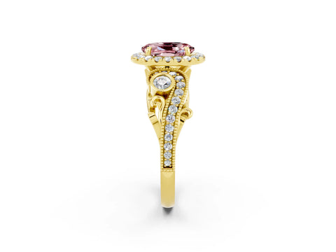 Yellow gold Oval Cut Morganite Halo Ring with Milgrain Pavé Band and Four-Prong Setting_14