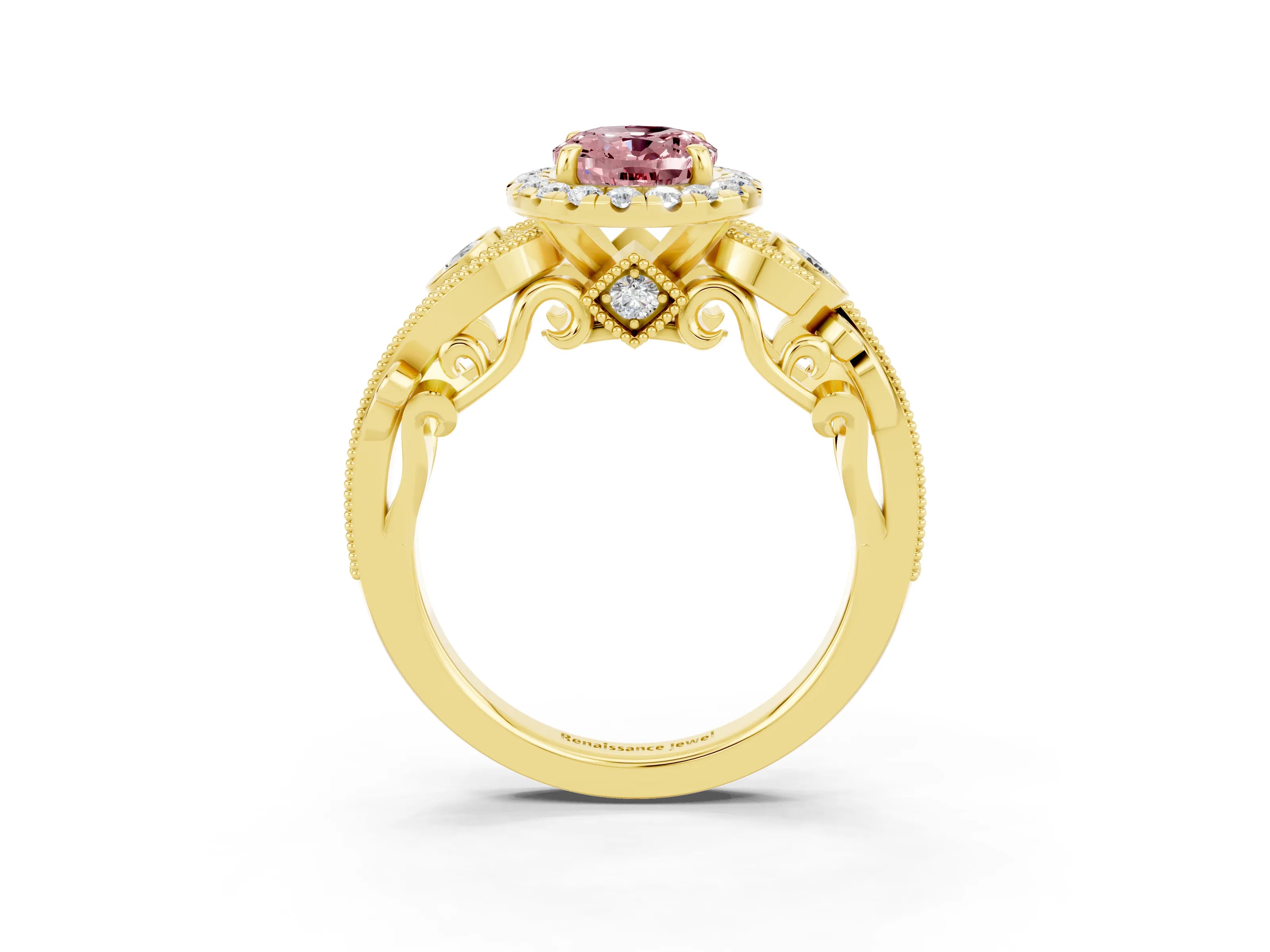 Yellow gold Oval Cut Morganite Halo Ring with Milgrain Pavé Band and Four-Prong Setting_15