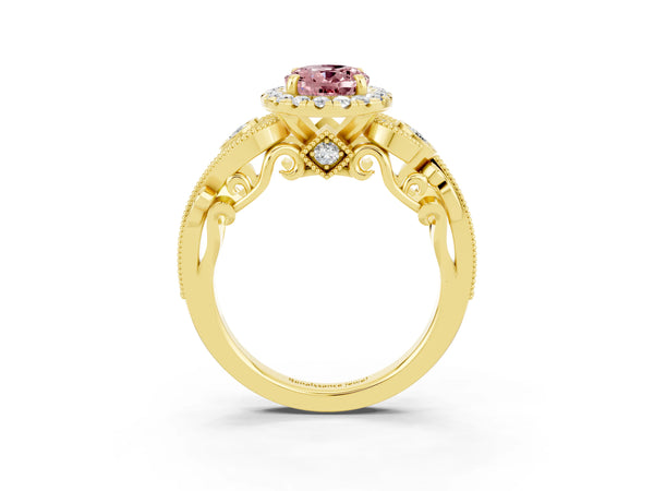 Yellow gold Oval Cut Morganite Halo Ring with Milgrain Pavé Band and Four-Prong Setting