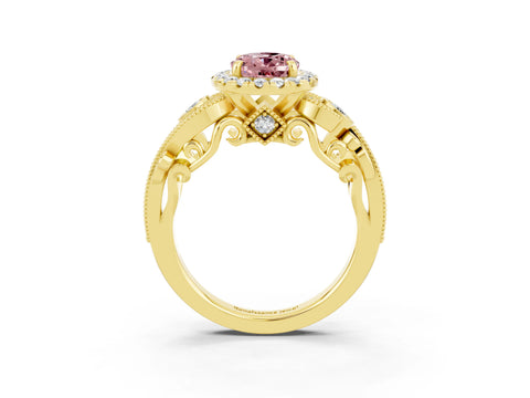Yellow gold Oval Cut Morganite Halo Ring with Milgrain Pavé Band and Four-Prong Setting_15