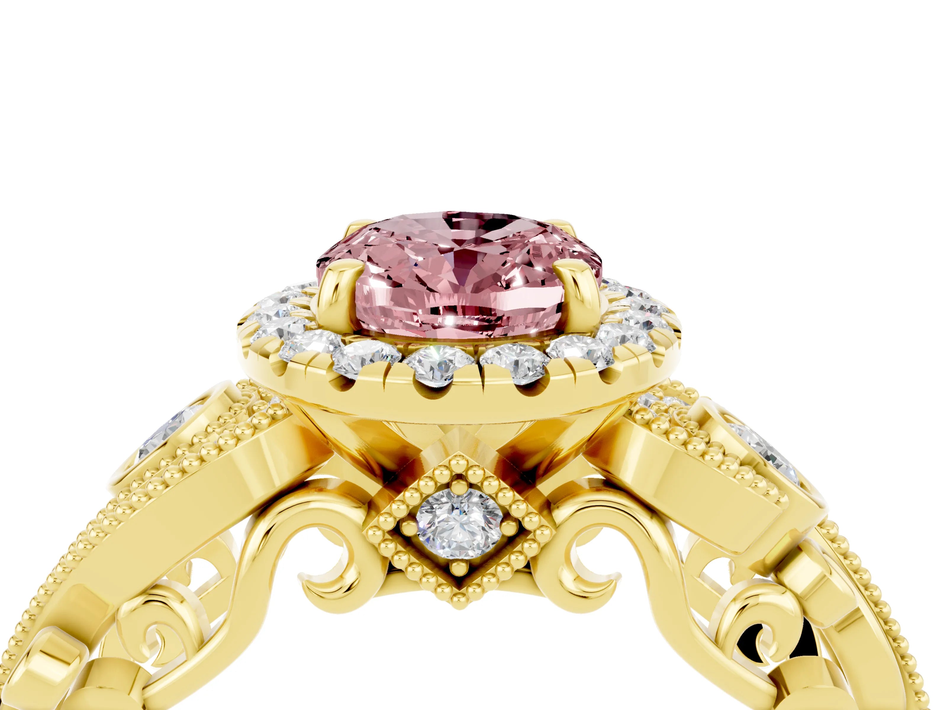 Yellow gold Oval Cut Morganite Halo Ring with Milgrain Pavé Band and Four-Prong Setting_16