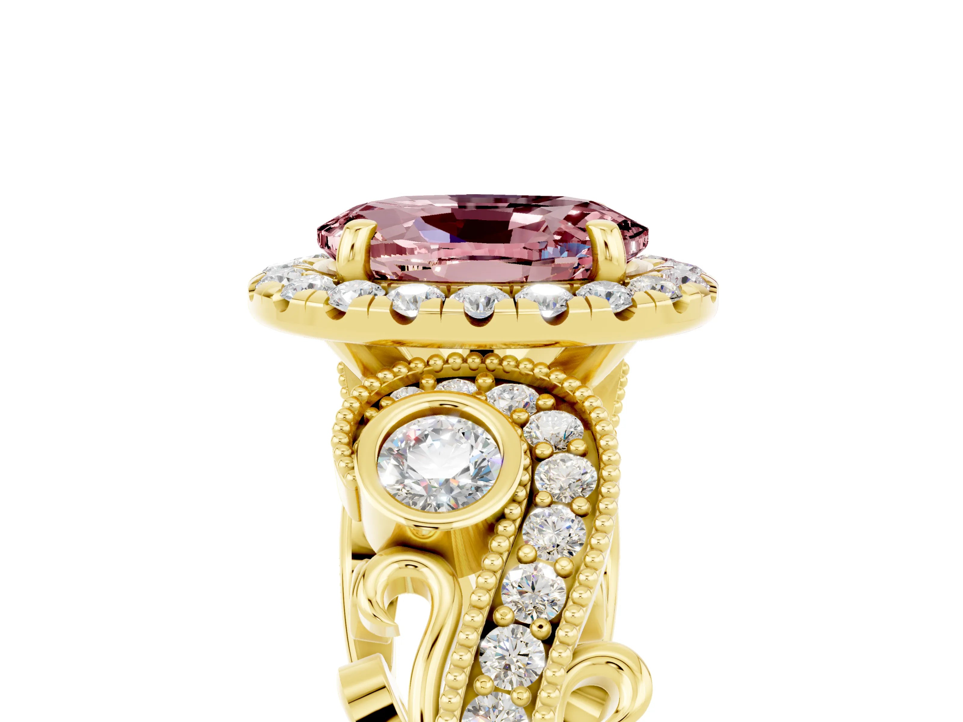 Yellow gold Oval Cut Morganite Halo Ring with Milgrain Pavé Band and Four-Prong Setting_17
