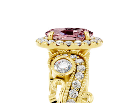 Yellow gold Oval Cut Morganite Halo Ring with Milgrain Pavé Band and Four-Prong Setting_17