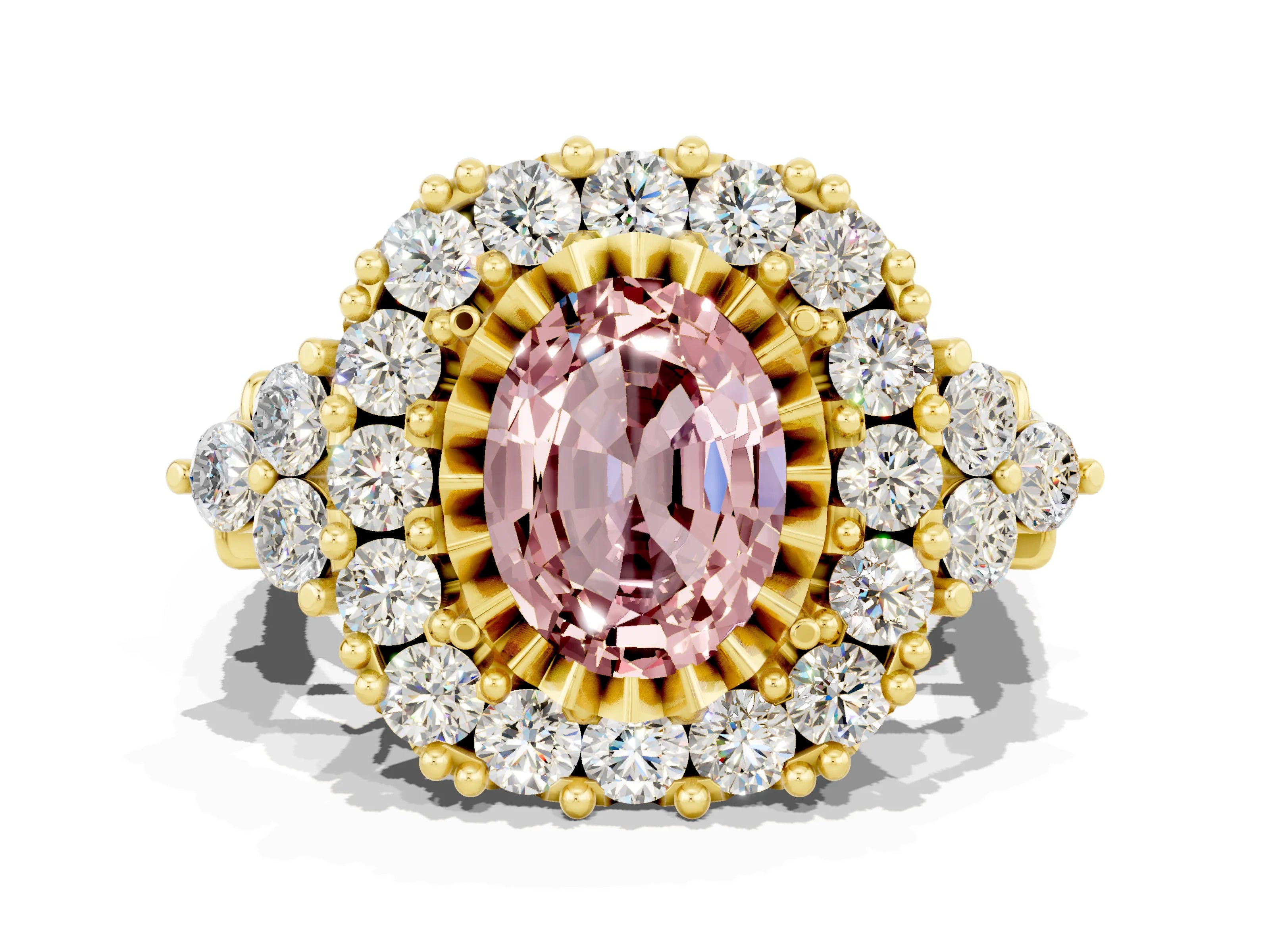 Yellow gold Oval Cut Morganite Halo Ring with Pavé Band and Four-Prong Setting_12