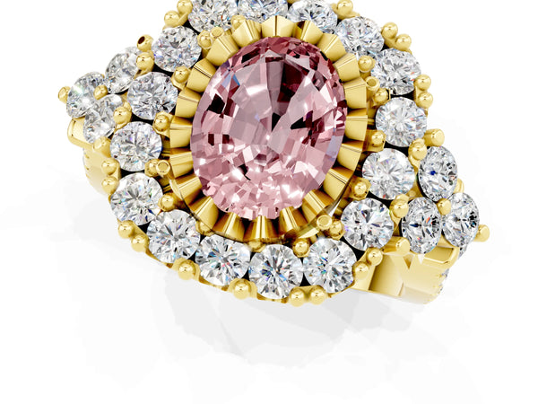 Yellow gold Oval Cut Morganite Halo Ring with Pavé Band and Four-Prong Setting