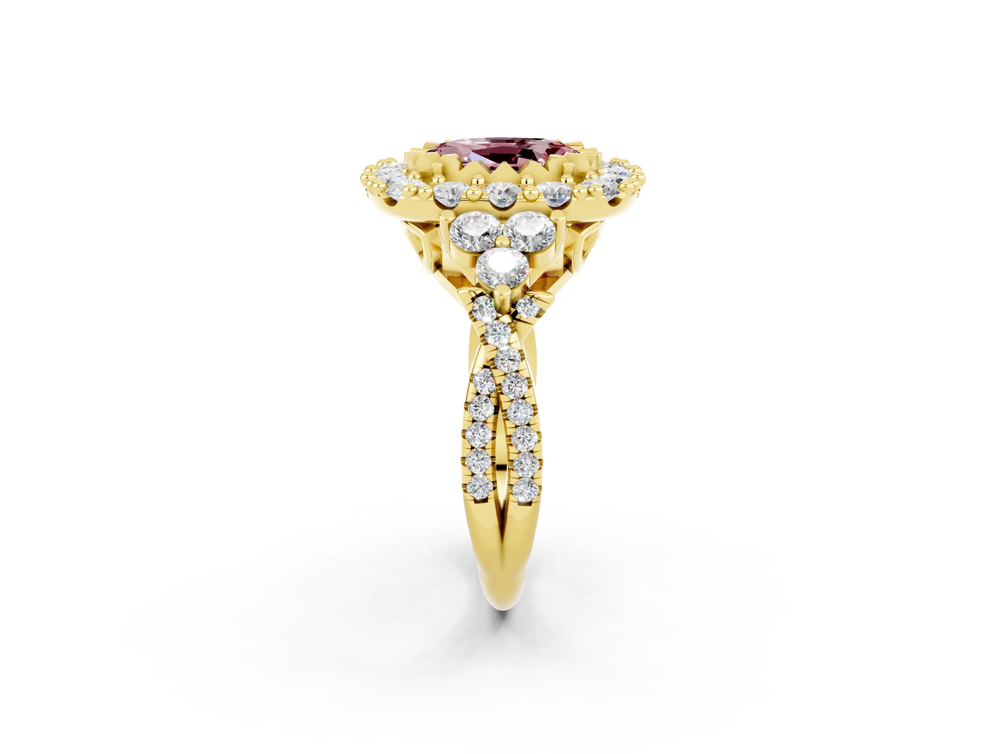 Yellow gold Oval Cut Morganite Halo Ring with Pavé Band and Four-Prong Setting_14