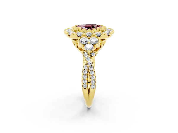 Yellow gold Oval Cut Morganite Halo Ring with Pavé Band and Four-Prong Setting