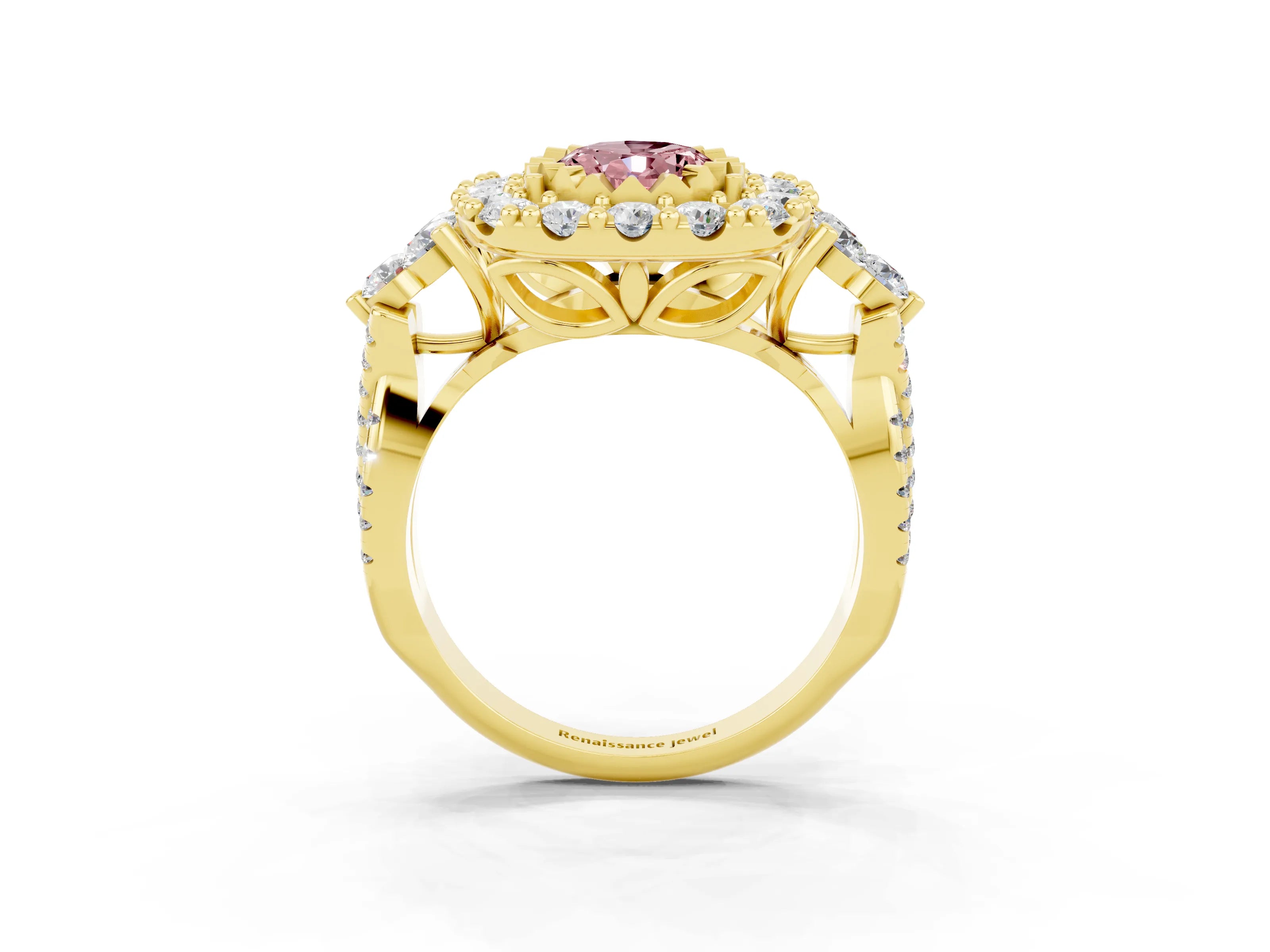 Yellow gold Oval Cut Morganite Halo Ring with Pavé Band and Four-Prong Setting_15
