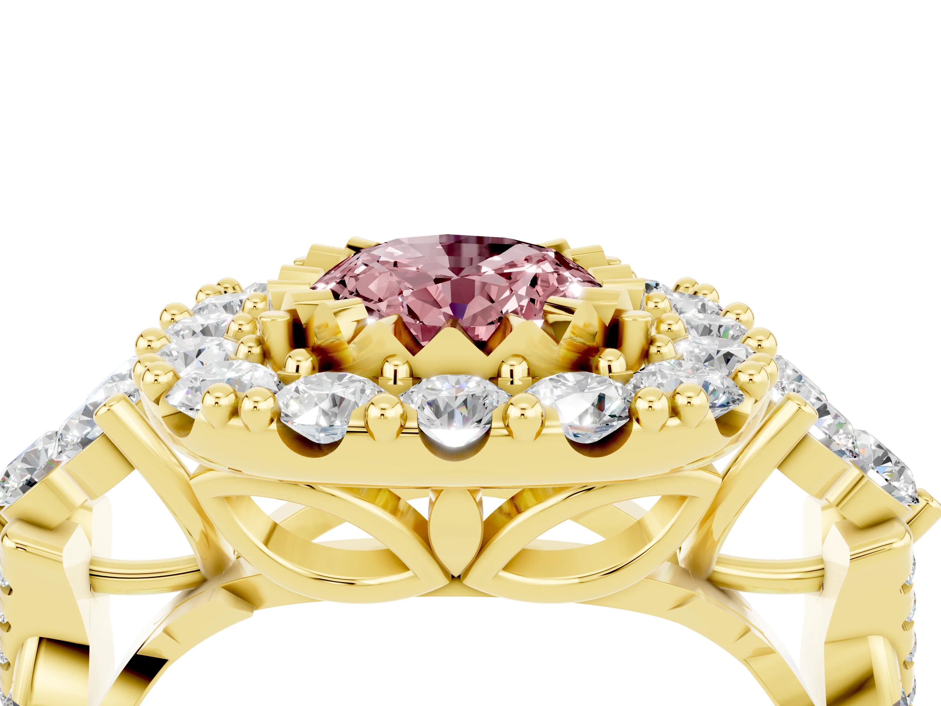 Yellow gold Oval Cut Morganite Halo Ring with Pavé Band and Four-Prong Setting_16
