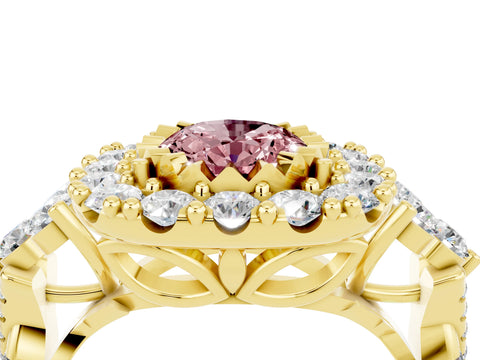 Yellow gold Oval Cut Morganite Halo Ring with Pavé Band and Four-Prong Setting_16