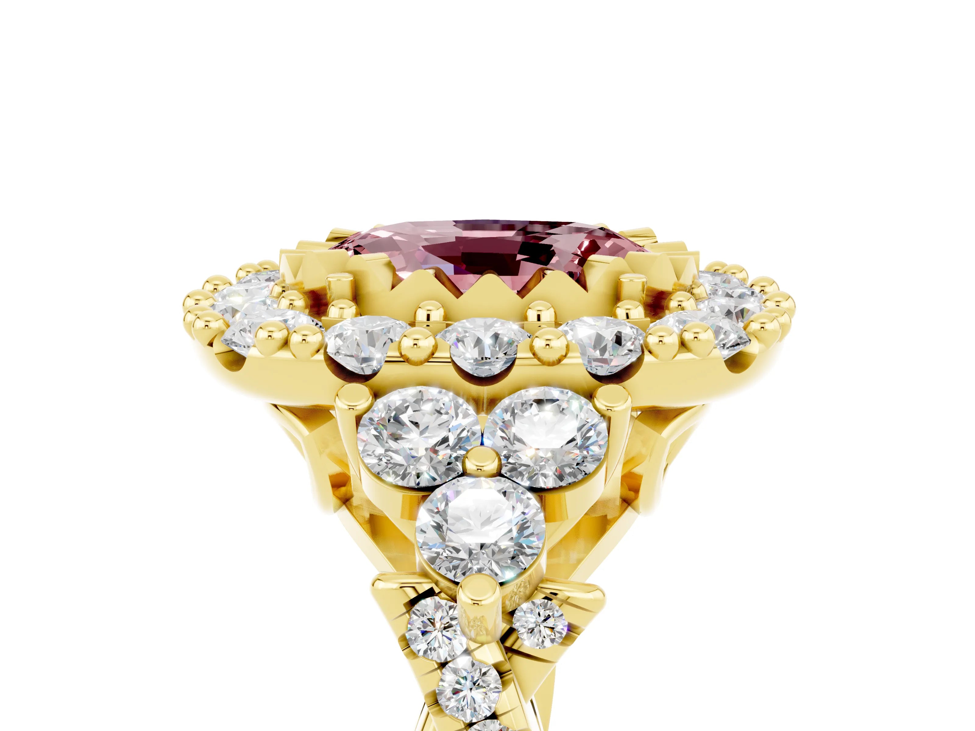 Yellow gold Oval Cut Morganite Halo Ring with Pavé Band and Four-Prong Setting_17