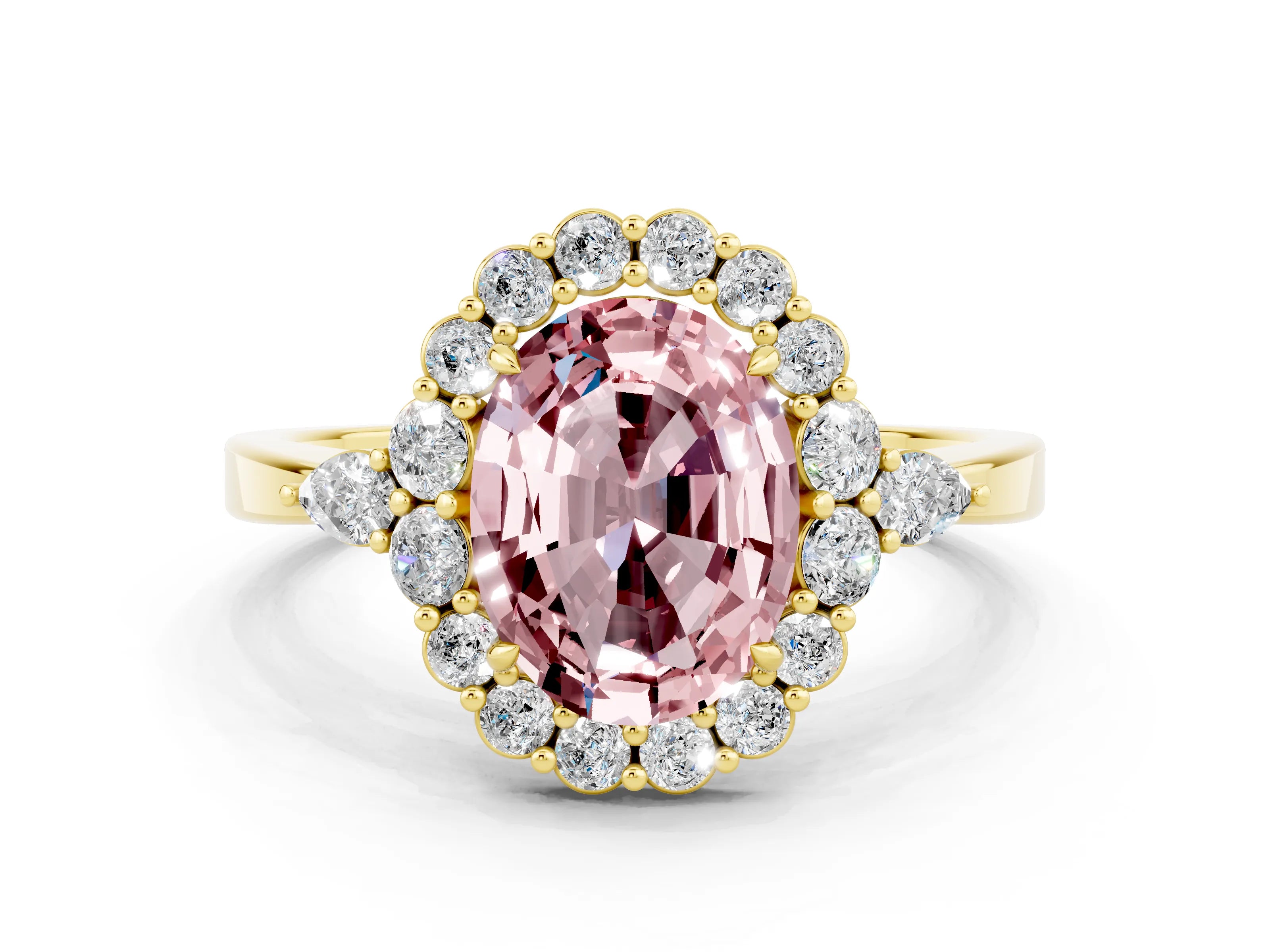 Yellow gold Oval Cut Morganite Halo Ring with Pear Side Stones and Prong Setting_12