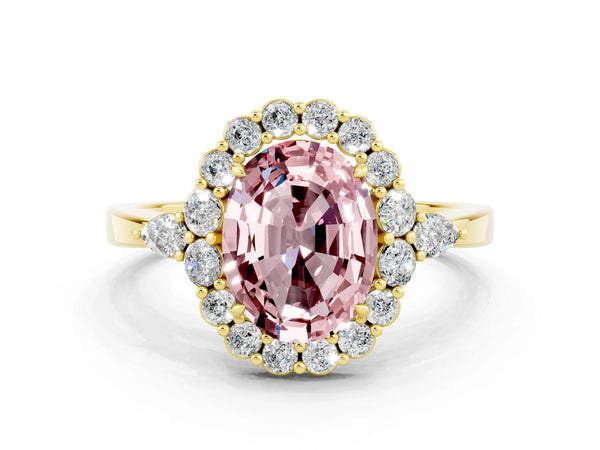 Yellow gold Oval Cut Morganite Halo Ring with Pear Side Stones and Prong Setting