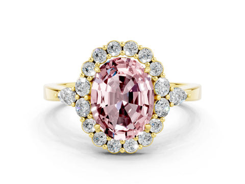 Yellow gold Oval Cut Morganite Halo Ring with Pear Side Stones and Prong Setting_12