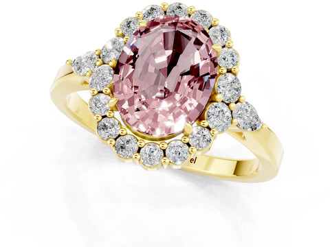 Yellow gold Oval Cut Morganite Halo Ring with Pear Side Stones and Prong Setting_13