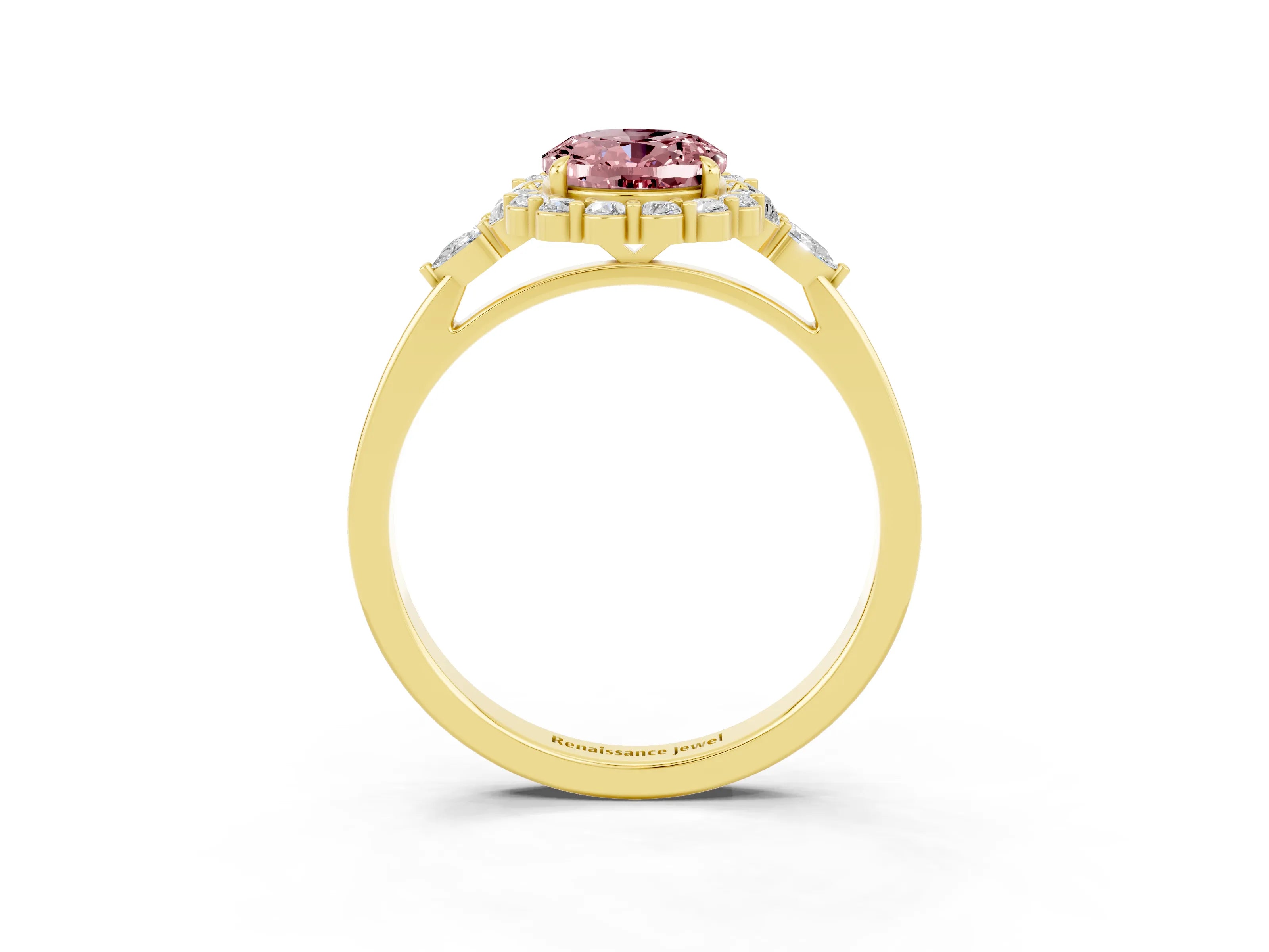 Yellow gold Oval Cut Morganite Halo Ring with Pear Side Stones and Prong Setting_15